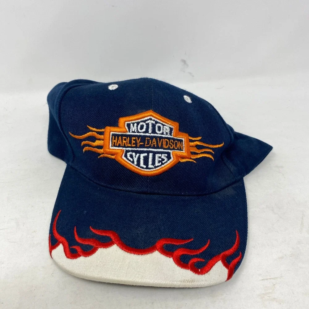 Harley-Davidson Navy Blue Wool Flame Embroidered Baseball Cap Hat Adjustable